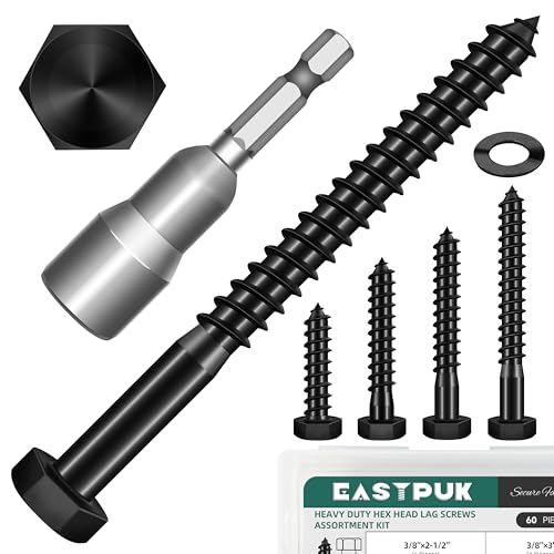 60Pcs 3/8" Hex Head Lag Screws, 304 Stainless Steel Wood Screws with Washers Kit with Socket, Black Oxided 3/8 Lag Bolts for Outdoor Woodworking - color: Black, size: 3/8 Kit