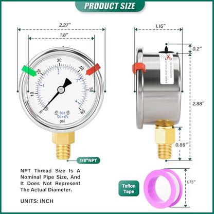 0-60Psi Stainless Steel Dry Low Pressure Gauge 1/8" NPT 2" Dual Scale Dial, Lower Mount, Waterproof for Water Oil Air Well pump, compressors, Tire Gas Pressure Test (with Range Mark Pointer) - size: 0-60Psi, style: Lower Mount(1/8"NPT)