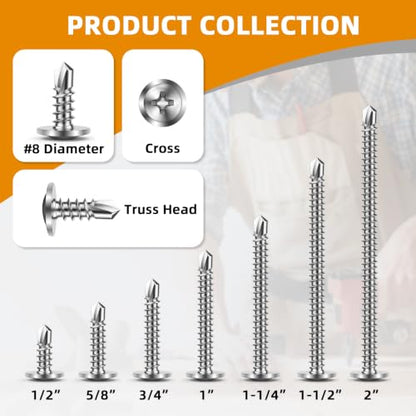 Mellewell #8 x 1 Wafer Head Self Drilling Screws Wood Screws, Truss Head Fast Self Tapping Sheet Metal Screws, 410 Stainless Steel, 100 PCS - color: Silver, size: #8 x 1"