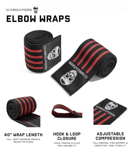 Gymreapers Weightlifting Elbow Wraps (1 Pair) - Flexible 40'' Elbow Compression Strap & Joint Support Brace - for Bench Press, Powerlifting, and Pressing - color: Red