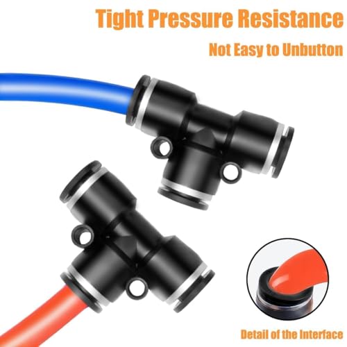 28 Pieces 1/4 Push to Connect Fittings, Plastic Pneumatic Tee Union Fittings T Shaped Quick Connect Air Hose Fittings Air Line Pneumatic Fittings Kit (Black, 1/4 Inch Od)