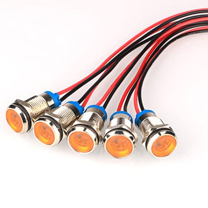 Gebildet 5pcs LED Metal Indicator Light 10mm Waterproof Signal Lamp Pilot Dash Directional with Wire AC/DC 12-24V(Yellow) - color: Yellow 12-24V