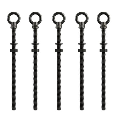 5 Pack Extra Long Black Eye Bolts 1/4" x 6 Inch with Nuts & Washers, Heavy Duty T316 Stainless Steel Threaded Lifting Eye Bolt, Marine Grade Shoulder Eyebolts for 4x4 Post & Wall - size: 1/4'' x 6inch