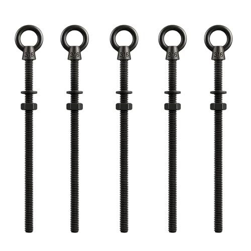 5 Pack Extra Long Black Eye Bolts 1/4" x 6 Inch with Nuts & Washers, Heavy Duty T316 Stainless Steel Threaded Lifting Eye Bolt, Marine Grade Shoulder Eyebolts for 4x4 Post & Wall - size: 1/4'' x 6inch
