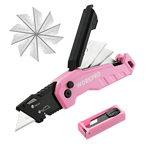WORKPRO Folding Utility Knife, Quick Change Box Cutter, Pink Ribbon - color: Pink, size: 4.5 inches
