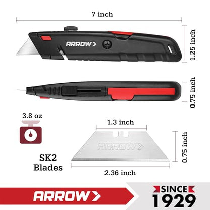 ARROW Retractable Box Cutter, Quick Change Utility Knife with 4 SK2 Blades - size: 7" x 1.25" x 0.75"