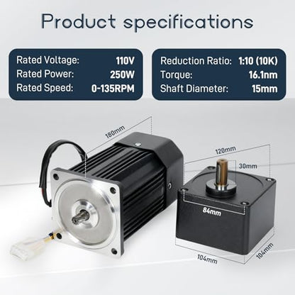 Universal High Torque AC Motor + Speed Controller, 250W Single Phase Electric Motor with Gearbox, 110V Reversible Gear Motor, Variable Speed Motors for Conveying Equipment, Production Lines