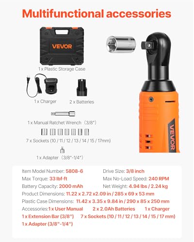 VEVOR Cordless Ratchet Wrench, 3/8 inch Drive, 240 RPM, up to 33 ft-lbs of Torque, Battery Powered Electric Ratchet Wrench Set with Two 2.0Ah Batteries, Charger, Sockets, Adaptor and Extension Bar - size: 11.22 in, style: Standard