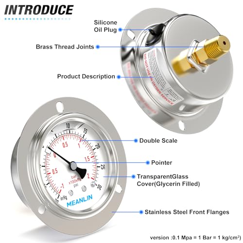 MEANLIN MEASURE -30inHG~30Psi Liquid Filled Pressure Gauge Front Flange Panel Mount, 1/4" NPT 2.5" FACE DIAL Stainless Steel Case with Phillips Screw, Nut and Brass Hex Bushing, +/-3-2-3% - style: ~30~30Psi