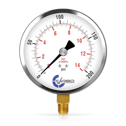 Carbo 200 PSI Dry Pressure Gauge with NIST Traceable Certificate, Calibrated in USA Lab, 4" Dial, 1/4 NPT Lower Mount, ASME Grade A, Steel Case, Brass Wetted Parts, PSI/Bar - size: 0-200 PSI, style: NIST TRACEABLE