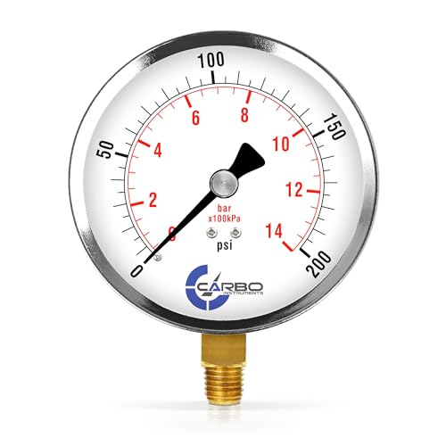 Carbo 200 PSI Dry Pressure Gauge with NIST Traceable Certificate, Calibrated in USA Lab, 4" Dial, 1/4 NPT Lower Mount, ASME Grade A, Steel Case, Brass Wetted Parts, PSI/Bar - size: 0-200 PSI, style: NIST TRACEABLE