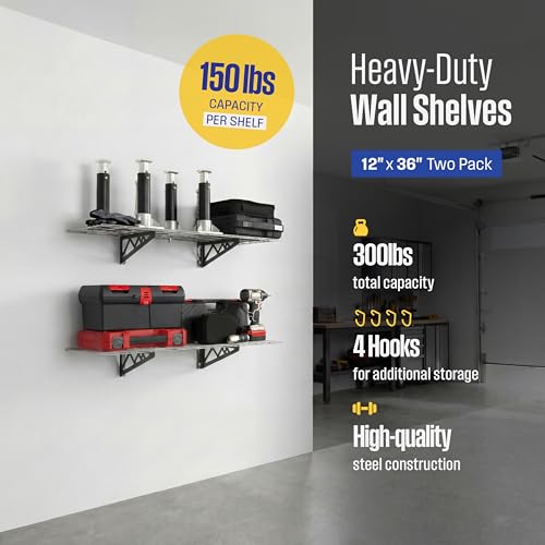 SafeRacks Steel Garage Wall Shelves 2-Pk w/Hooks, 300lb, Hammertone (12x36) - color: Hammertone, size: 12"x36" (2-Pack)
