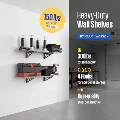 SafeRacks Steel Garage Wall Shelves 2-Pk w/Hooks, 300lb, Hammertone (12x36) - color: Hammertone, size: 12"x36" (2-Pack)