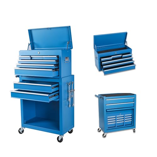 Tool Chest, 8-Drawer Rolling Tool Storage Cabinet with 2 in 1 Detachable Top Tool Box, Liner, Lockable Wheels, Side Hooks, Metal Tool Cart for Garage (8-Drawer Blue) - color: 8-drawer Blue