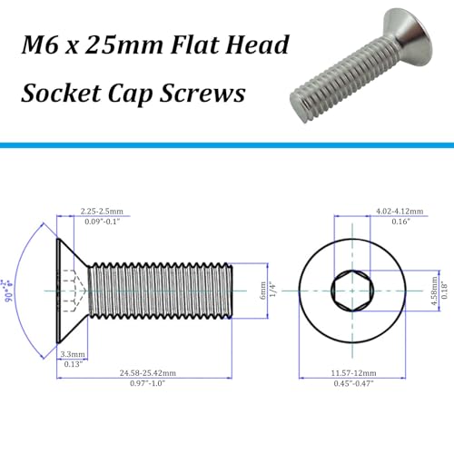 M6 x 25mm(20PCS) Flat Head Socket Cap Screws,(304 Stainless Steel) - size: 20PCS M6-1.0 x 25mm