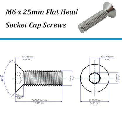 M6 x 25mm(20PCS) Flat Head Socket Cap Screws,(304 Stainless Steel) - size: 20PCS M6-1.0 x 25mm