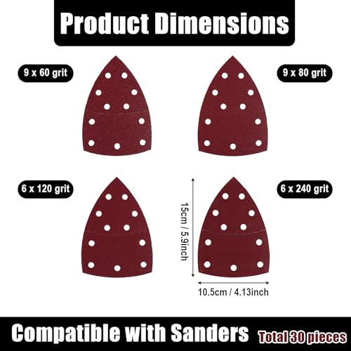 30pcs Sander Replacement Pads, 60/80/120/240 Grit Mixed Sandpaper with Hook & Loop Back 11-Hole Design for Detail Mouse Sanders Compatible with SKIL
