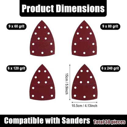 30pcs Sander Replacement Pads, 60/80/120/240 Grit Mixed Sandpaper with Hook & Loop Back 11-Hole Design for Detail Mouse Sanders Compatible with SKIL