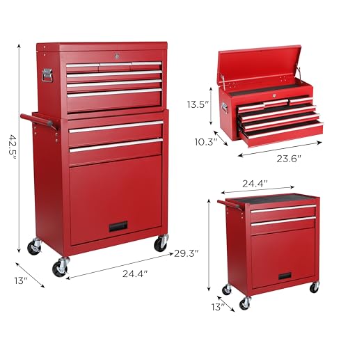 Tool Chest, 8-Drawer Rolling Tool Storage Cabinet with 2 in 1 Detachable Top Tool Box, Liner, Lockable Wheels, Side Hooks,Metal Tool Cart for Garage (8-Drawer Red) - color: 8-drawer Red