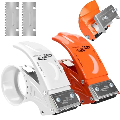 PROSUN 2 Pack Heavy Duty Metal Packing Tape Dispenser Gun and 2 Replacement Blades:2-inch Wide Tape Dispenser for Shipping, Moving, Office & Warehouse(2026 New Set 2" Orange+2" White) - color: Orange+white