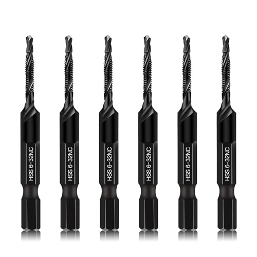 6-Piece 6-32NC Combination Drill Tap Countersink Bit Set SAE, Made of High-Speed Steel with Anti-Rust Blackened Coating, Ideal for Soft Metal, Wood & Plastic, 6-32NC Thread Size, 1/4” Hex Shank - size: 6-32NC