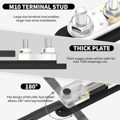 DaierTek ANL Fuse Holder with 600 Amp ANL Fuse M10 Stud Terminals Max 750A Marine ANL Fuse Block with Gold Plated 600A ANL Fuse for Automotive Car Truck Boat - color: 600A