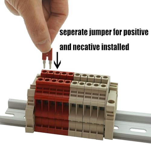 UL Red/Grey 10 Gang DIN Rail Terminal Blocks, with (8) 2P Jumpers,Dinkle DK4N 10-22 AWG, 30 Amp, 600 Volt - style: 10-22 AWG, 30 Amp, 600 Volt