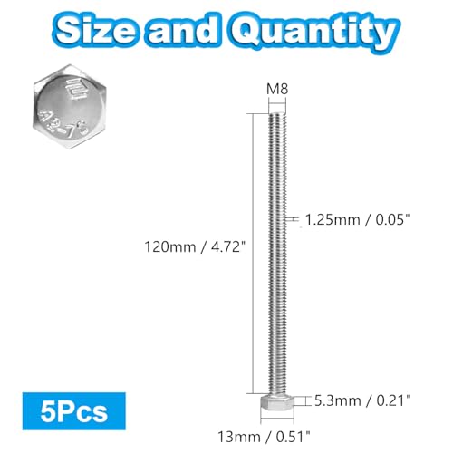 5 Pcs M8 Hex Bolts M8-1.25 x 120mm Hex Head Screw Bolt - size: M8-1.25 x 120mm