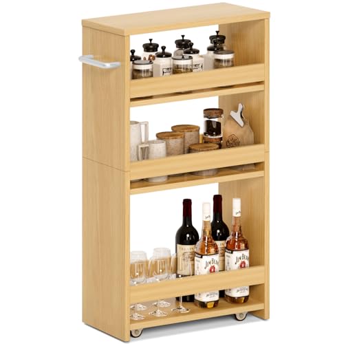 MARTY Slim Rolling Storage Cart, Wood Utility Kitchen Bathroom Laundry Cart - color: Maple, size: 7.9"D x 15.75"W x 31.5"H