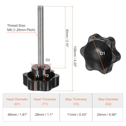 HARFINGTON 2pcs Star Knobs M8 x 80mm 304 Stainless Steel Threaded Stud 46mm Plastic 6-Star Head Hand Tightening Thumb Screw Clamping Jig Knob Handle, Black - size: M8 x 80mm x 46mm