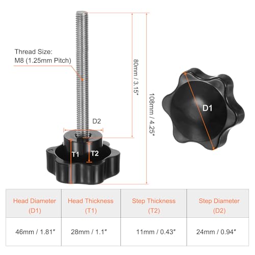 HARFINGTON 2pcs Star Knobs M8 x 80mm 304 Stainless Steel Threaded Stud 46mm Plastic 6-Star Head Hand Tightening Thumb Screw Clamping Jig Knob Handle, Black - size: M8 x 80mm x 46mm