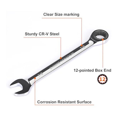 Egofine 7/8 inch Ratcheting Combination Wrench SAE, Industrial Grade Gear Spanner with 12-Point Design, 72-Tooth Ratchet, Chrome Vanadium Steel - size: 7/8"