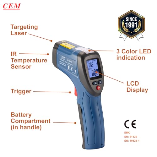 CEM DT-8666 Digital Infrared Meat Thermometer Gun,DS10:1 Instant Read Laser Temperature Gun for Griddle,Grill,Oven,Pizza, Thermal Air Heat Leak Detector for Industrial Repairs with Color Light Alarm