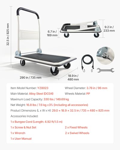 VEVOR Foldable Push Cart Dolly, 330 lbs Load Capacity, Folding Platform Truck with Swivel Wheels, Moving Platform Hand Truck Flatbed Cart, Space Saving Push Handle for Easy Storage 29 x 18.9 x 32.5 in - size: 29.0 x 18.9 x 32.5 in / 735 x 480 x 825 mm