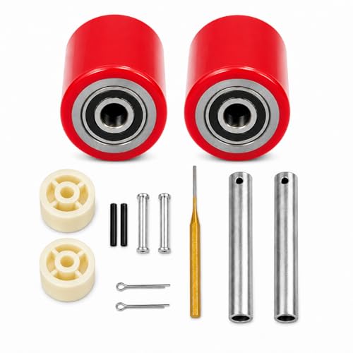 Pallet Jack Wheels Replacement, 2 Pack Pallet Jack/Truck Load Wheels 3.14" x 3.54" PU Tread with Pre-Installed Bearings (20mm ID), Includes 2 Axles (3.7") & 2 Pins for Manual Hand Pallet Truck - size: 3.14"x 3.54"