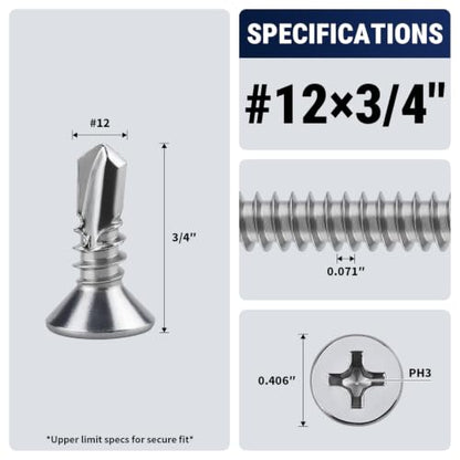 #12 x 3/4" Phillips Flat Head Sheet Metal Screws, Stainless Steel 410 Self Drilling Screws for Metal, Countersunk Head, Phillips Drive, Self Tapping, 50 Pack - size: #12 x 3/4"