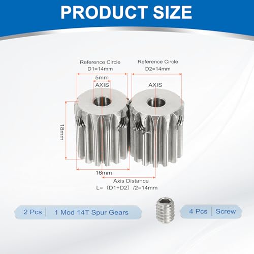 uxcell 2Pcs 1 Mod 14T Spur Gear 5mm Bore, 304 Stainless Steel Pinion Gear - size: 1 Mod 14T, 5mm