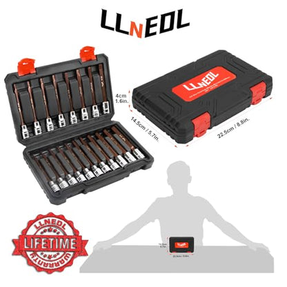 LLNEDL 3/8 Inch Drive Long Allen Hex Bit Socket Set, 19-Piece Hex Head Standard SAE & Metric Sockets (1/8"-3/8", 3-12mm), S2 Alloy Steel Durable Tools for Mechanics - size: 19pcs 3/8 inch socket set