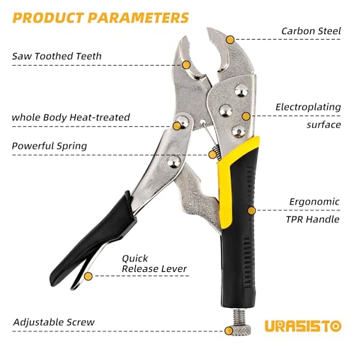 URASISTO 7-Inch Locking Pliers, Premium Alloy Steel Construction, Curved Jaw Locking Pliers with Wire Cutter, Quick Release, Fit for Clamping Twisting Welding