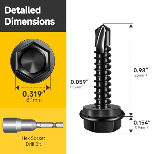 Mywish 100pcs #10 x 1 Self Drilling Screws for Metal, 410 Stainless Steel Hex Washer Head Self Drilling Screws, Black Oxided Self Tapping Sheet Metal Tek Screw Fast Tapping - size: #10x1"(100pcs)