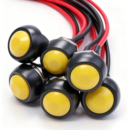Twidec/6Pcs 12mm Momentary Push Button Switch 1/2" Mounting Hole On Off Mini Round Waterproof Yellow with Pre-soldered Wires PBS-33B-Y-X - color: Yellow-12mm, size: Momentary