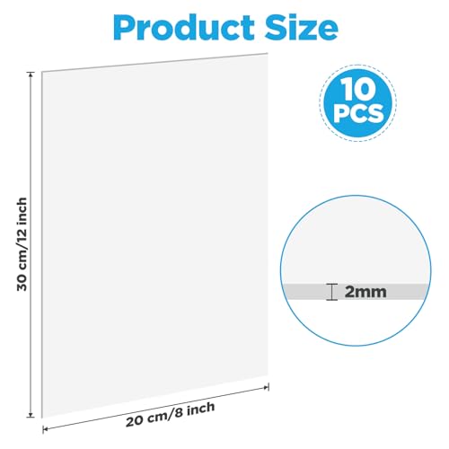 10 Pack Clear Acrylic Sheets, 12x8 Inch 0.08” Thick (2mm) Transparent Plastic Plexi Glass Boards for Laser Engraving Cutting Crafting DIY Projects Display Case Sign
