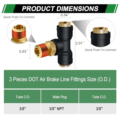 3/8" DOT Air Hose Fittings Tee 3 PCS,Quick Push To Connect Fittings - color: 3/8" * 3/8" * 3/8"NPT 3PCS
