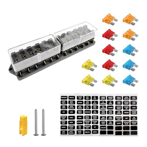 Yourkar 12 Way Blade Fuse Block Box Holder, 12 Circuit Fuse Box with Blade Fuses Screws Fuse Extractor Label, 10-32V DC Waterproof Marine Power Distribution Panel for Car Truck SUV - color: 12 Way
