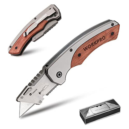 WORKPRO Folding Utility Knife, Wood Handle Razor Knife - style: Utility Knife