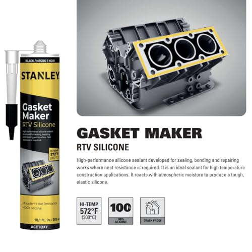 Stanley High-Temp RTV Silicone Gasket Maker - 12x10.1 Fl.oz Black, Oil, Vibration and Heat Resistant Black Silicone Sealant for Automotive Valve Covers and Engine Parts | 12 Pack - color: Black, size: 12 PACK