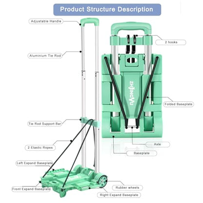 Folding Hand Truck Dolly Cart,Collapsible Shopping Trolley,Mini Lightweight Hand Dolly,Backpack Trolley,Luggage Cart,Aluminum Telescopic Rod,2 Wheel Trolley Expandable Large Chassis,Mint Green - color: 2 Wheel Aluminium Green