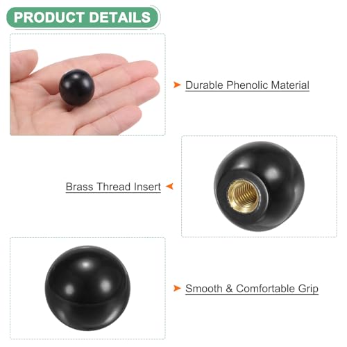 M METERXITY 8-Pack Threaded Ball Knobs, M6 Female Thread 20mm Dia. Thermoset Ball Knob for Lathe/Machine/Lawn Mowers, Round Phenolic Brass Insert Lever Handle [Black] - size: M6x20mm