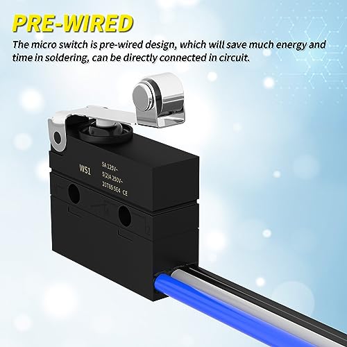 Joinfworld Micro Switch with Lever Waterproof IP67 Sealed Roller Lever Limit Switch SPDT 3 PIN Pre-Wired Micorswitch 5A 250VAC -2PC - style: WS1-Roller Lever
