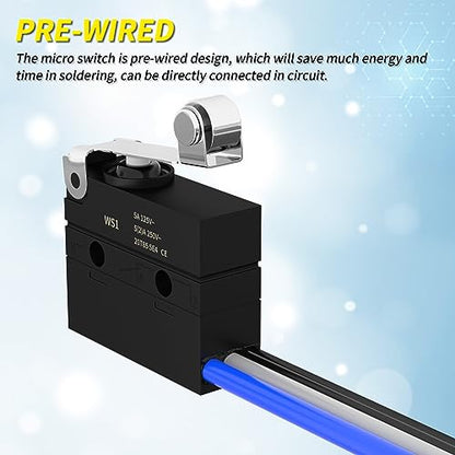 Joinfworld Micro Switch with Lever Waterproof IP67 Sealed Roller Lever Limit Switch SPDT 3 PIN Pre-Wired Micorswitch 5A 250VAC -2PC - style: WS1-Roller Lever